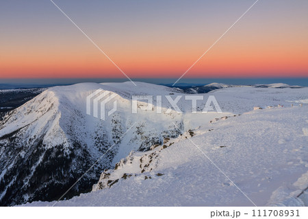 Giant Mine, Studnicni mountain , view from snezka, mountain on the border between Czech Republic and Poland, winter, sunrise time. Giant Mine, Studnicni mountain , view from snezka, mountain on the border between Czech Republic and Poland, winter, sunrise time. 111708931