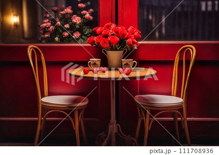 Coffee shop in Paris, France. Red roses on the table. 111708936