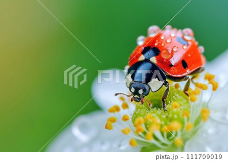 ladybug on a flower in the morning dew ladybug on a flower in the morning dew 111709019