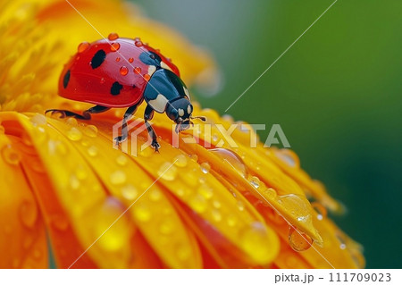 ladybug on flower petal with dew drops ladybug on flower petal with dew drops 111709023