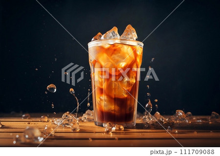 Ice coffee with splash and ice cubes Ice coffee with splash and ice cubes 111709088