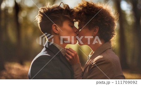 Cute lesbian couple romantic kiss. 111709092