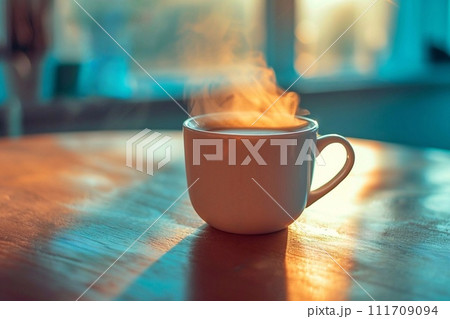 A cup of coffee on a wooden table 111709094