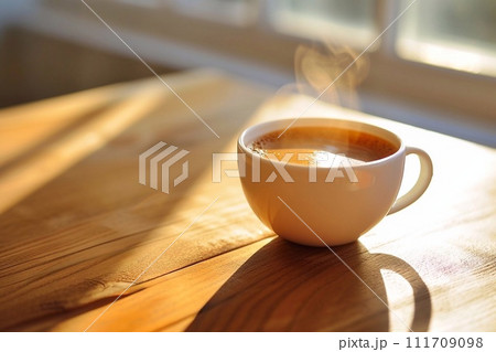 A cup of coffee on a wooden table in a cafe A cup of coffee on a wooden table in a cafe 111709098