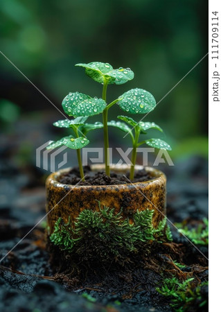 A green young plant in a flower pot, germinating seeds in a glass 111709114
