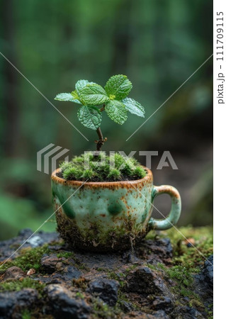 A green young plant in a flower pot, germinating seeds in a glass 111709115