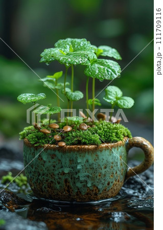 A green young plant in a flower pot, germinating seeds in a glass 111709116