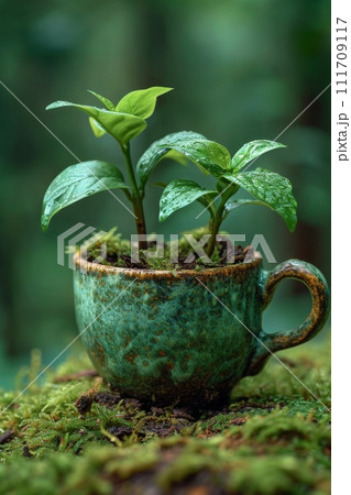 A green young plant in a flower pot, germinating seeds in a glass 111709117