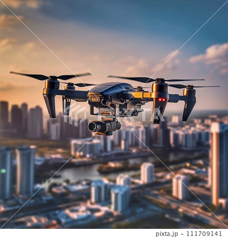 A drone flies over the city 111709141
