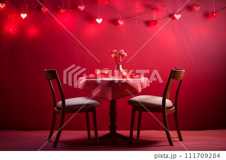 Valentine's day. Romantic dinner on a red background with hearts Valentine's day. Romantic dinner on a red background with hearts 111709284
