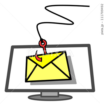 偽物が個人情報やカードのパスワードなどを盗むフィッシング詐欺メールのイラスト 111709492