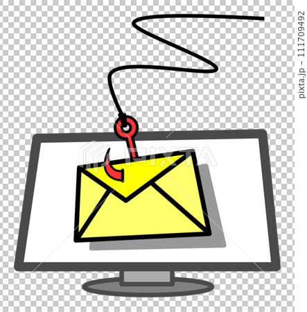 偽物が個人情報やカードのパスワードなどを盗むフィッシング詐欺メールのイラスト 111709492