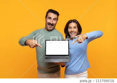 Glad excited funny senior european man and lady point finger at laptop, with empty screen 111709518