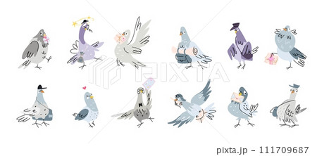 Post pigeon. Cartoon dove courier with parcel and envelopes. Funny isolated pigeons clipart. Retro mail delivery and communication, nowaday vector set Post pigeon. Cartoon dove courier with parcel and envelopes. Funny isolated pigeons clipart. Retro mail delivery and communication, nowaday vector set 111709687