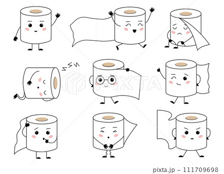 Toilet paper characters. Funny kawaii papers rolls with different emotions. Cute hygiene character, childish education mascots, decent vector set 111709698