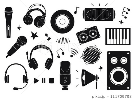 Black music accessories. Headphones, earphones with microphone, musical sound speaker and vinyl. Isolated blogger or streamer equipment, decent vector icons Black music accessories. Headphones, earphones with microphone, musical sound speaker and vinyl. Isolated blogger or streamer equipment, decent vector icons 111709708