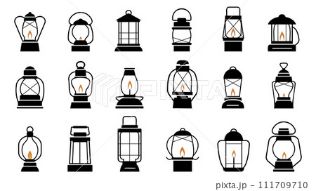 Black old lantern silhouettes. Camp lanterns, decorative holidays traditional retro lights elements. Lighting icons decent vector collection Black old lantern silhouettes. Camp lanterns, decorative holidays traditional retro lights elements. Lighting icons decent vector collection 111709710