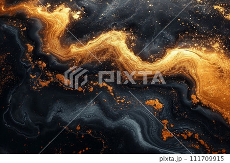 An abstraction of a golden river on black volcanic sand . 3d illustration 111709915