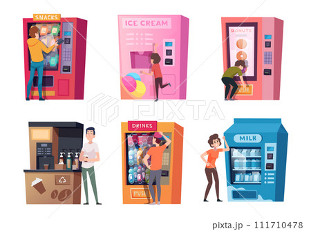 People vending machine. Characters buying snacks in vending machines self checkpoints exact vector illustrations set People vending machine. Characters buying snacks in vending machines self checkpoints exact vector illustrations set 111710478