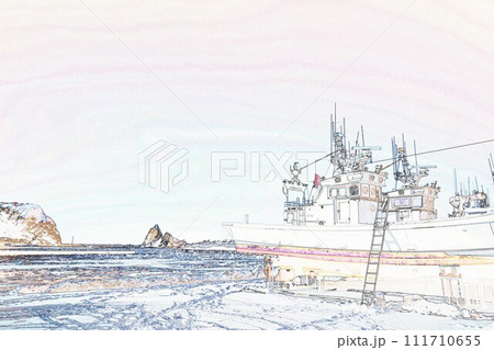 パステル調 ”冬のオロンコ岩とウトロ漁港 北海道” イラストイメージ パステル調 ”冬のオロンコ岩とウトロ漁港 北海道” イラストイメージ 111710655