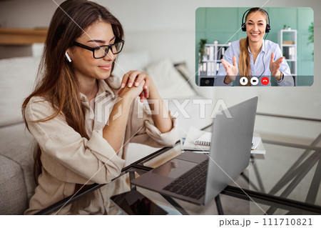 Woman entrepreneur have video call with business consultant Woman entrepreneur have video call with business consultant 111710821