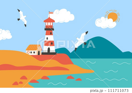 Lighthouse on coast. Ocean landscape with seagulls, mountains and hills. Safety for ships, metaphor of freedom and loneliness. Vector nature background 111711073