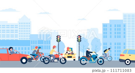 Busy traffic on city street. Urban road with motorcycles and cars, crossroads with traffic lights. People driving, vector transportation scene 111711083