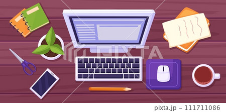 Office workspace top view. Smartphone, computer monitor and keyboard on desk. Work or study process, cartoon freelance nowaday vector scene 111711086