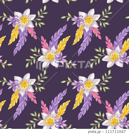 Seamless pattern of narcissus flower, leaf, pink yellow purple feathers background template. Hand-drawn watercolor illustration on dark background. For textile, print, wrapping 111711087