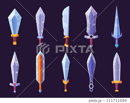 Medieval cartoon sword. Game swords icons, iron vintage weapons. Old style knives, sabre with steel blade. Warrior tools nowaday vector collection 111711089