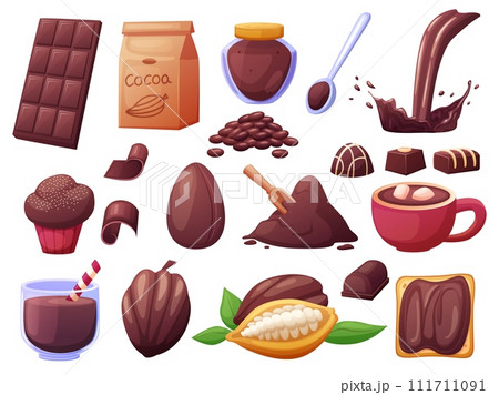 Cartoon chocolate food. Hot liquid cocoa, choco splash and beans. Natural sweets, candies and bars. Muffin and powder, nowaday vector clipart 111711091