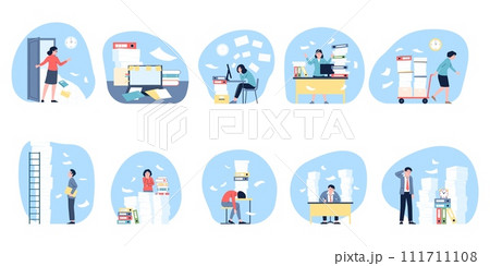 Chaotic office characters. Paper piles and folders stacks. Tired managers and businessmen. People work with documents, recent vector scenes 111711108