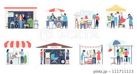 Garage sale. Outdoor flea market, sellers and customers. Second hand goods, people sell used furniture, clothes and tools, recent vector scenes Garage sale. Outdoor flea market, sellers and customers. Second hand goods, people sell used furniture, clothes and tools, recent vector scenes 111711113