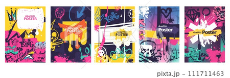 Spray artwork posters. Street youth art creative poster, wall graffiti tags card decorative design, rap urban stencil style flyer cover writing template, classy vector illustration Spray artwork posters. Street youth art creative poster, wall graffiti tags card decorative design, rap urban stencil style flyer cover writing template, classy vector illustration 111711463