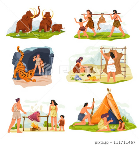 Prehistoric people. Ancient family characters, caveman with primitive weapon mammoth hunting, wild tribe life stone age history, cartoon neanderthal 111711467