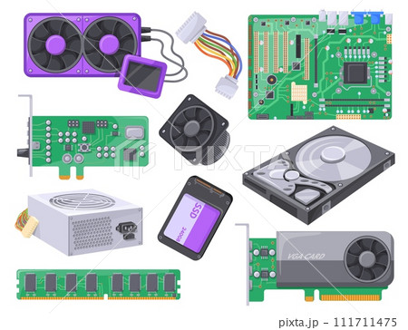 Pc assembly. Computer parts inside device motherboard component, laptop hardware supply customs build, cooler fan electronic ssd hdd psu adapter ram card, neat vector illustration Pc assembly. Computer parts inside device motherboard component, laptop hardware supply customs build, cooler fan electronic ssd hdd psu adapter ram card, neat vector illustration 111711475