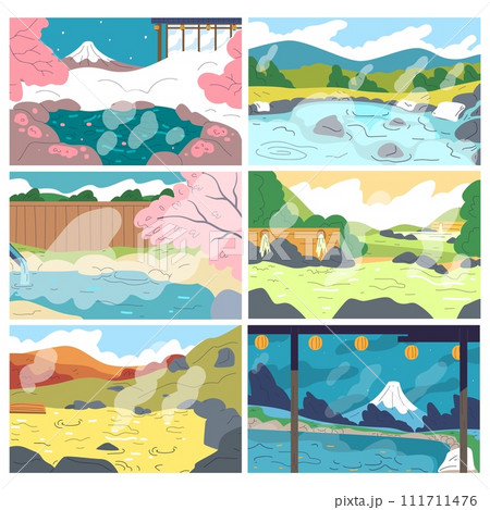 Hot springs nature. Ryokan national japan hot-spring scenery background, onsen bath hot steam pool, winter spring tourist season in fuji mountain Hot springs nature. Ryokan national japan hot-spring scenery background, onsen bath hot steam pool, winter spring tourist season in fuji mountain 111711476