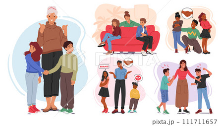 Set of Parents Mediate Between Squabbling Siblings, Urging Empathy And Sharing, Fostering Understanding And Compromise Set of Parents Mediate Between Squabbling Siblings, Urging Empathy And Sharing, Fostering Understanding And Compromise 111711657