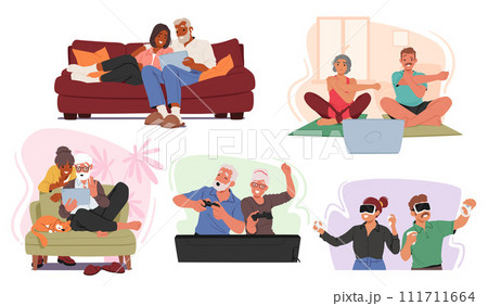 Vector Set of Senior Couples Embrace Smart Technology, Navigating Tablets, Video Consoles, Vr Glasses and Laptops 111711664