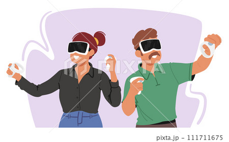 Vector Scene Elderly Couple Immersed In Virtual Reality, Sharing Laughter And Joy As They Play Video Games Together 111711675