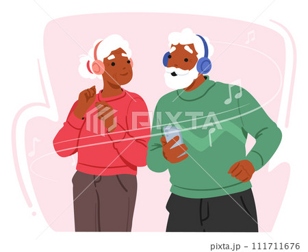Elderly Couple Characters Joyfully United In Serene Contentment, Earphones Connected To A Smartphone Vector Illustration Elderly Couple Characters Joyfully United In Serene Contentment, Earphones Connected To A Smartphone Vector Illustration 111711676