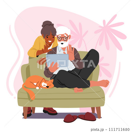 Elderly Couple Connect With Family Through A Tablet, Sharing Smiles And Stories, Bridging Distances With Video Calls 111711680