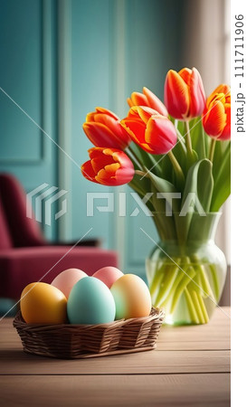Table with vase of tulips, colorful Easter eggs. Basket of eggs and vase of tulips on kitchen table near window. Happy Easter greeting card, banner, festive background. Blurred background. Copy space. Table with vase of tulips, colorful Easter eggs. Basket of eggs and vase of tulips on kitchen table near window. Happy Easter greeting card, banner, festive background. Blurred background. Copy space. 111711906
