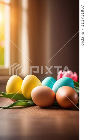 Table with tulips, colorful Easter eggs. Eggs and tulips on kitchen table near window. Happy Easter greeting card, banner, festive background. Blurred background. Copy space. Table with tulips, colorful Easter eggs. Eggs and tulips on kitchen table near window. Happy Easter greeting card, banner, festive background. Blurred background. Copy space. 111711907