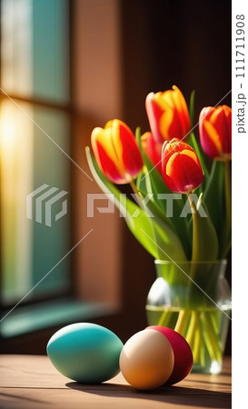 Table with vase of tulips, colorful Easter eggs. Eggs and vase of tulips on kitchen table near window. Happy Easter greeting card, banner, festive background. Blurred background. Copy space. Table with vase of tulips, colorful Easter eggs. Eggs and vase of tulips on kitchen table near window. Happy Easter greeting card, banner, festive background. Blurred background. Copy space. 111711908