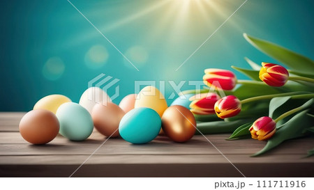 Table with tulips, colorful Easter eggs. Eggs and tulips on kitchen table near window. Happy Easter greeting card, banner, festive background. Blurred background. Copy space. 111711916