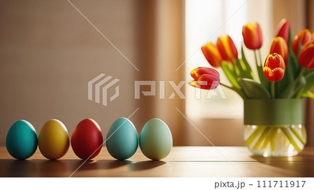 Table with vase of tulips, colorful Easter eggs. Eggs and vase of tulips on kitchen table near window. Happy Easter greeting card, banner, festive background. Blurred background. Copy space. Table with vase of tulips, colorful Easter eggs. Eggs and vase of tulips on kitchen table near window. Happy Easter greeting card, banner, festive background. Blurred background. Copy space. 111711917