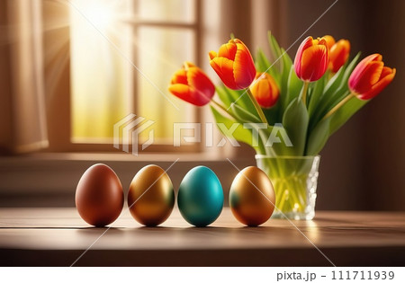 Table with vase of tulips, colorful Easter eggs. Eggs and vase of tulips on kitchen table near window. Happy Easter greeting card, banner, festive background. Blurred background. Copy space. Table with vase of tulips, colorful Easter eggs. Eggs and vase of tulips on kitchen table near window. Happy Easter greeting card, banner, festive background. Blurred background. Copy space. 111711939