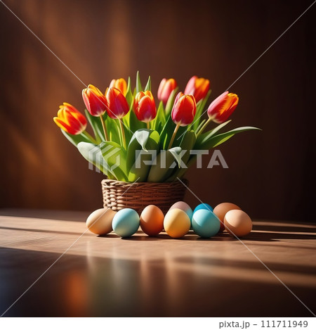 Table with vase of tulips, colorful Easter eggs. Eggs and vase of tulips on kitchen table near window. Happy Easter greeting card, banner, festive background. Blurred background. Copy space. Table with vase of tulips, colorful Easter eggs. Eggs and vase of tulips on kitchen table near window. Happy Easter greeting card, banner, festive background. Blurred background. Copy space. 111711949