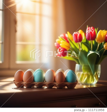 Table with vase of tulips, colorful Easter eggs. Basket of eggs and vase of tulips on kitchen table near window. Happy Easter greeting card, banner, festive background. Blurred background. Copy space. 111711950